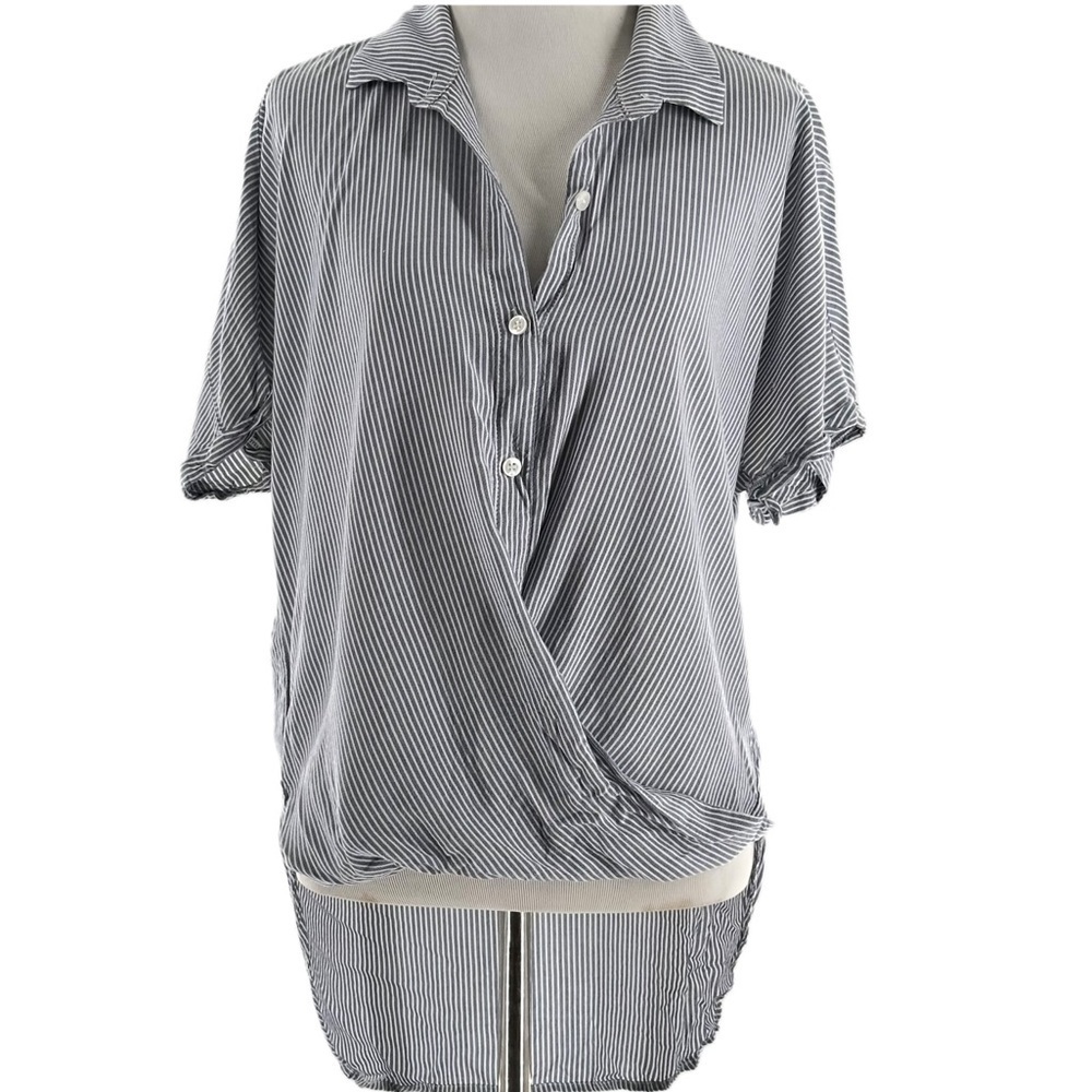 BCBGGeneration striped crossover button-down blouse XS blue white draped front
